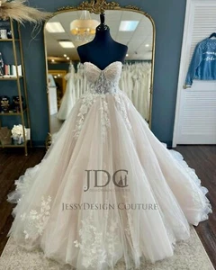 Corsé de tul brillante encaje vestido de novia con mangas desmontables botones con remolque - Imagen 1 de 7