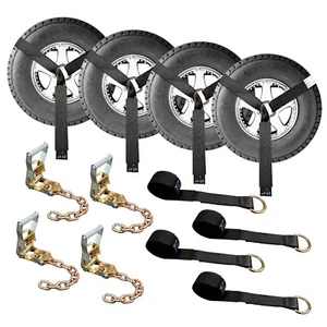 4 Set 2" x 10' Ratchet Wheel Lift Lasso Strap w/ Chain Extension For Towing - Picture 1 of 7