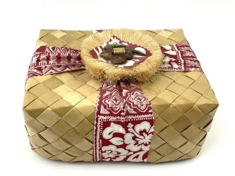 Decorative Hand Woven Lidded Basket With Red Tribal Ribbon Grass Top Handle Cover