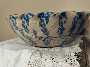 Vintage Bybee Pottery 10 Inch Bowl Scalloped Edge Blue Sponge Bowl - Picture 1 of 11