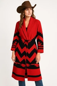 WEICHE UMGEBUNG Strickjacke Pullover Schalkragen Azteken Indianer Decke rot LARGE - Bild 1 von 9