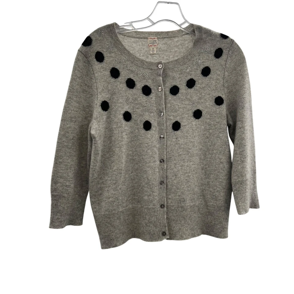 Maison Jules Cashmere Polka Dot Cardigan Button Up Gray/Black Size Medium - Image 1 of 4