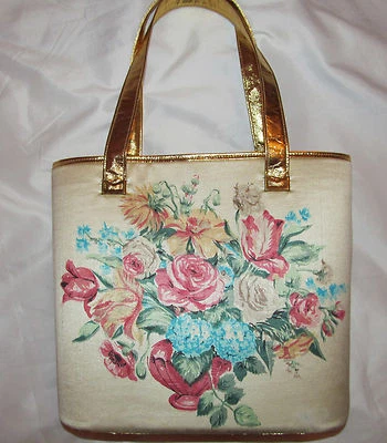  50's DELILL satin floral rose bouquet print with gold bucket tote purse bag  - Image 1 of 4