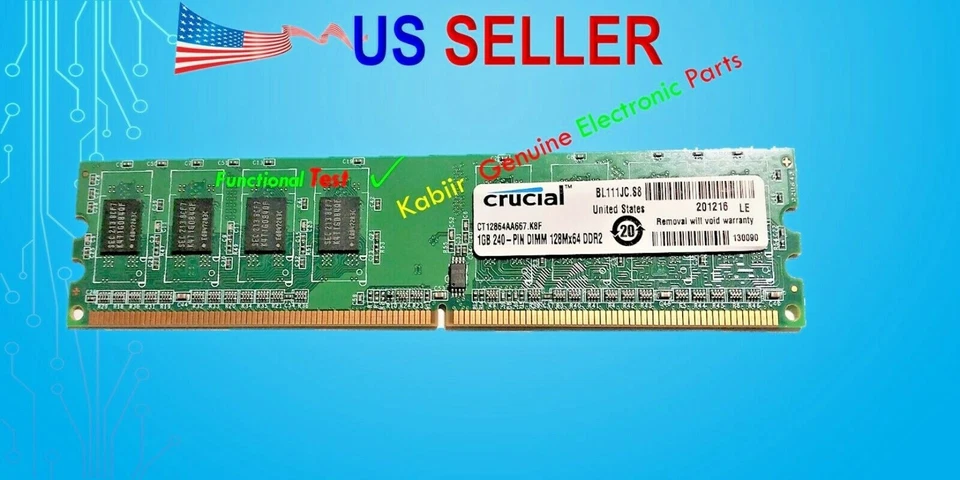 Crucial  1GBx8  240-PIN DIMM 128Mx64 DDR2 PC2 Desktop Memory Model CT12864AA667 - Image 1 of 4
