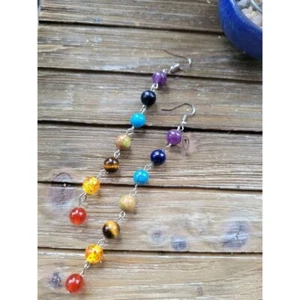 Seven Chakras Crystal Earrings: Stacked Gemstone Beads, Dangle Earrings - Picture 1 of 3
