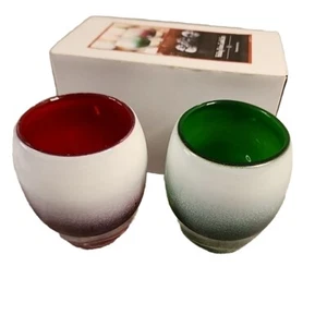 Pair Votive Candle Holders Glass Ombre Red Green Weighted Base Boxed - Picture 1 of 16