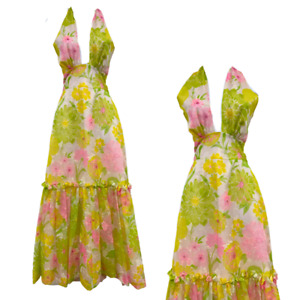 Vtg Vintage 1960s 60s Dayglo Bright Neon Flocked Floral Deep V Halter Maxi Dress