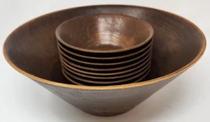 Vintage Brown Melamine? Plastic? Faux Woodgrain Salad Bowl w/Set of 8 Bowls - Picture 1 of 9