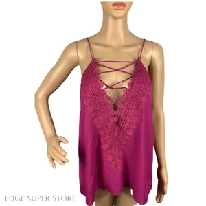 WAYF Posie Pink Magenta Berry Strappy Lace Tie Up Sleeveless Tank Top XLarge XL - Picture 1 of 4