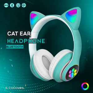 Cat Ear Bluetooth Wireless Headphones LED Mic Stereo Headsets Kids Girls RGB Oz - Picture 1 of 13