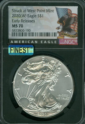2020 (W) SILVER EAGLE BLACK NGC MS70 ER MAC FINEST GRADE & SPOTLESS . - Image 1 of 2