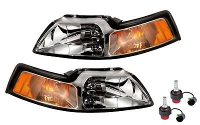 1999-2004 Ford Mustang GT V6 Cobra Chrome Headlights Amber Sides 9007 LED Bulbs - Image 1 of 4