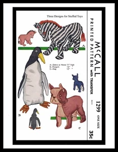 1299 McCall Fabric Pattern 4 Stuffed Animal Toys ZEBRA - HORSE PENGUIN DOG ~WOW~ - Picture 1 of 5