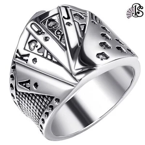 Mens Biker Casino Poker Card Ring Punk Stainless Steel Statement Band Size 7-13 - Picture 1 of 27
