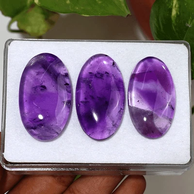 Lote de 3 piedras preciosas cabujón ovalado amatista fantasma natural 36 mm-38 mm por zonas de color ~ Foto 1 de 4