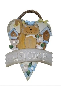Heart Shaped Wood Welcome Sign With Orange Tabby Cat And Birdhouses - Picture 1 of 1