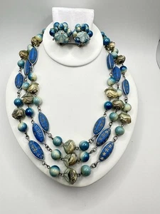 Vintage Antik Blau Weiß Floral Kunststoff Silber Ton Halskette Clip Ohrringe 22 Zoll - Bild 1 von 23