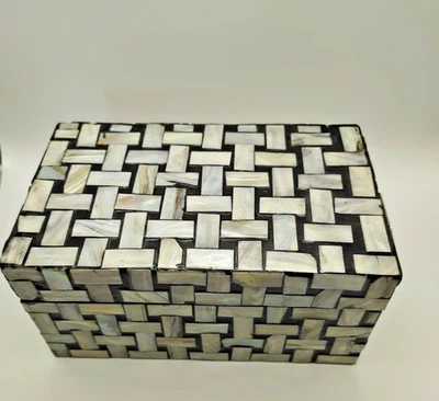 Mother of Pearl Inlaid Decorative Black Wood Jewelry Keepsakes Box 4 x 8 - Image 1 of 4