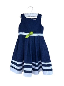 Clementine Mädchen dunkelblau und weiß Ösen Kleid gestreift Borte Ostern Party Gr. 5 - Bild 1 von 12