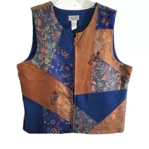 Stonebridge Brown Blue Denim Corduroy Color Block Floral Print Vest Women’s  XL - Picture 1 of 8