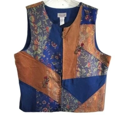 Stonebridge Brown Blue Denim Corduroy Color Block Floral Print Vest Women’s  XL - Image 1 of 4