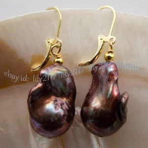 Natural 15x22mm South Sea Brown Red Baroque Pearl Dangle Leverback Earrings - Picture 1 of 5
