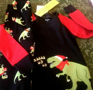 Neu mit Etikett Gymboree Gr. 4 Pyjama Schlafanzug Set Santa Dino Dinosaurier Feiertage Weihnachten raaa - Bild 1 von 6