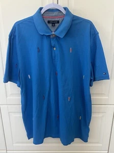 Tommy Hilfiger Blue Polo Knit Shirt with Surfboard All Over Embroidery Mens XL - Picture 1 of 4