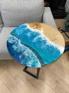 24" Blue Wave Epoxy Resin Coffee Table Natural Acacia Wooden Garden Decors - Picture 1 of 9
