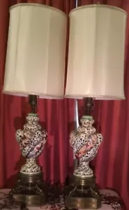 ANTIQUE Vintage PAIR Tall Multicolor Porcelain Lamps w/ Silk Shades - Picture 1 of 8