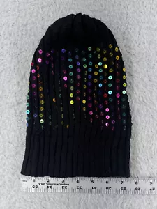 Beanie Toque Youth Girls Black Rainbow Knit Acrylic Blend Sparkly Sequin - Picture 1 of 5