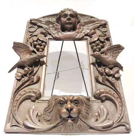 ANTIQUE LARGE BLACK FOREST CARVED WOOD FIGURAL LION ANGEL BIRDS FRAME MIRROR Cover