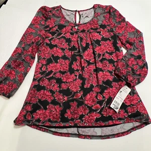Blusa NY Collection Petite Reshi Roja Floral Brillo Talla PM Mangas Transparentes - Imagen 1 de 14