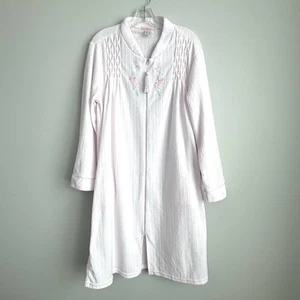 Loti Fashion Smocked Robe Full Zip Light Pink Terrycloth Housecoat Embroidered - Picture 1 of 14