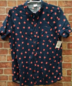 Coca-Cola Men's Button Up Shirt Bottle Cap Print Size XL Navy Blue Cotton Rayon - Picture 1 of 7