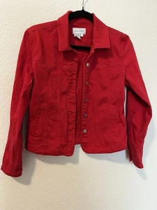 Live a Little Red Denim Jacket Button Long Sleeve Cotton Stretch Collar - Picture 1 of 7