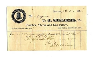 Illustrated Billhead A WILLIAMS PLUMBER GAS FITTER Mahony Boilers 1892 Boston - Picture 1 of 1