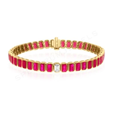 Real Diamond & Ruby Tennis Bracelet 9.44Ctw 10k Yellow Gold July Birthstone Gift - Image 1 of 4