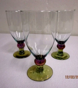 Set of 3 Water Goblets With Green Brown Foot and Iridescent Stem Clear Glass Top - Picture 1 of 3