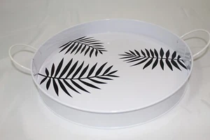 White  Decorative Round Serving Tray | Leaves Design & Metal Bar Handles - Picture 1 of 2