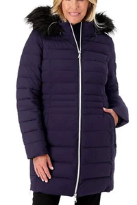 Nuage Regular Stretch Puffer Coat w/ Removable Faux Fur Trim Hood Navy - Picture 1 of 2