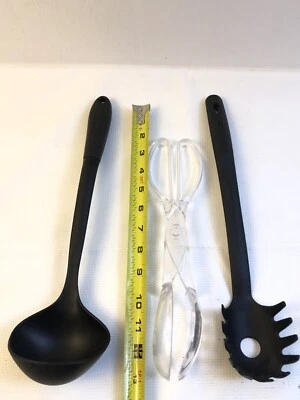 Lot Of 3 Spaghetti Pasta Fork Spoon Ladle 3 Piece Set Black Clear Serving Tongs - Image 1 of 4