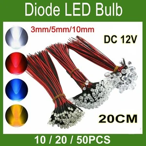 10-50 piezas 3 mm 5 mm 10 mm DC 9V-12V lámpara de luz LED precableada diodo emisor blanco RGB - Imagen 1 de 12