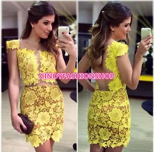 Nuevo Moda Mujeres Sexy Espalda Sin Espalda Amarillo Encaje Prendas para club nocturno Corto Mini Envolvente Vestido de Fiesta - Imagen 1 de 6