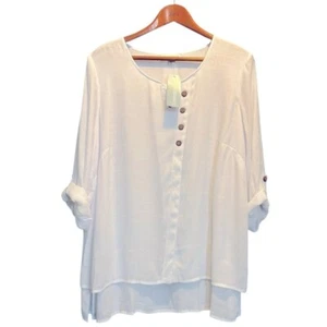 NWT Coldwater Creek White Lightweight Flowey Top 1X Round Neck Roll Up Sleeve - Picture 1 of 13