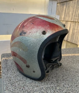 Vintage 70s Metallic Flames Helmet Motorcycle Open Face - Picture 1 of 5