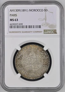 MAROCCO 5 dirham 1891 AH1309 argento NGC MS63 Moulay al-Hasan I - Foto 1 di 4