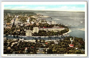 Postal de colección Miami River & Granada Apartments FL vista aérea década de 1930 - Imagen 1 de 2