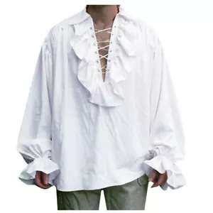 Mens Fancy Dress Pirate Frill Shirt Medieval Buccaneer Carribean Halloween - Picture 1 of 9