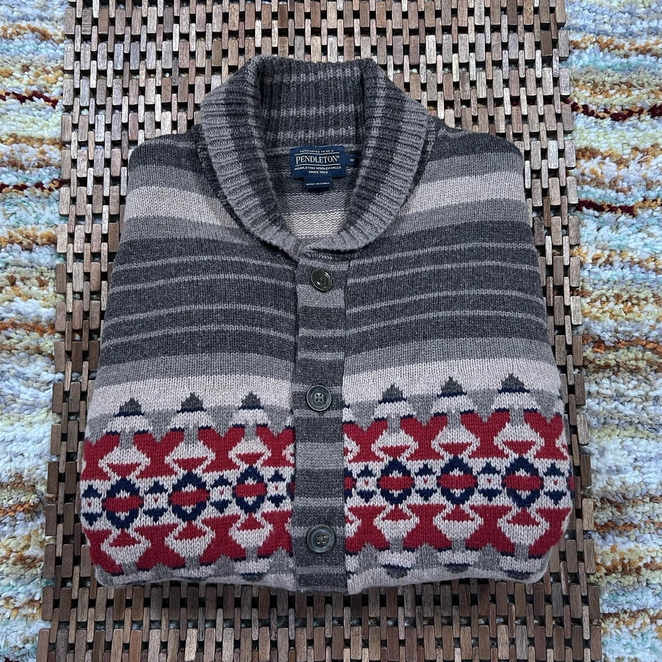 Pendleton Lebowski Aztec Lambs Wool Full Zip Shawl Collar Sweater Men’s Medium - Image 1 of 4